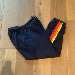 AVIATOR NATION Five Strip Sweatpants in Navy With Neon Strips